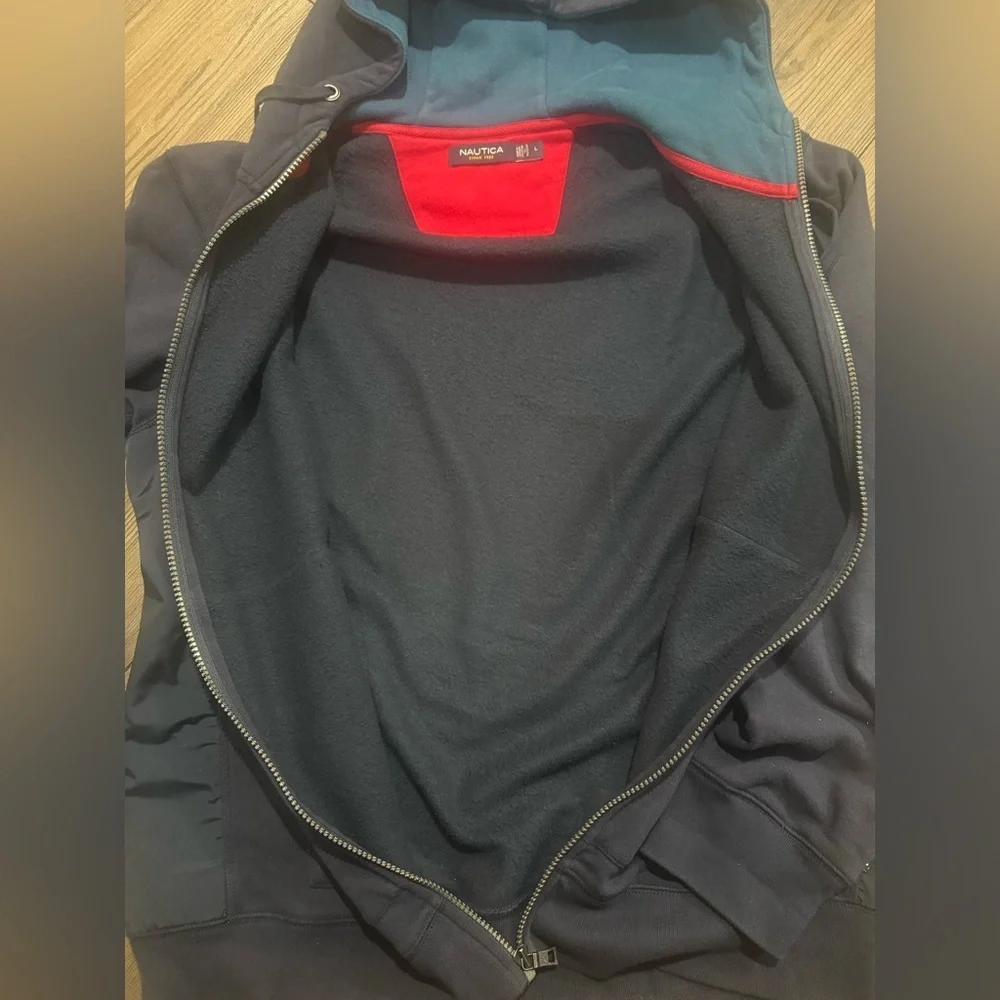 Nautica Men’s Large Navy Full Zip Hooded Jacket Fleece Lined Vintage Style